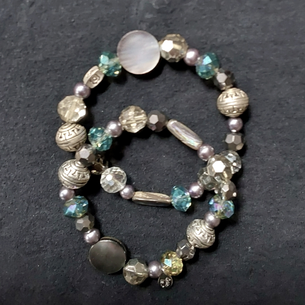 Pretty Cookie Lee Bracelet featuring silver beads, iridescent stones in blues, g